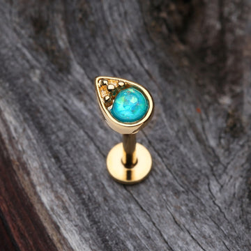 Detail View 1 of Golden Opalescent Teardrop Top Steel Labret-Teal